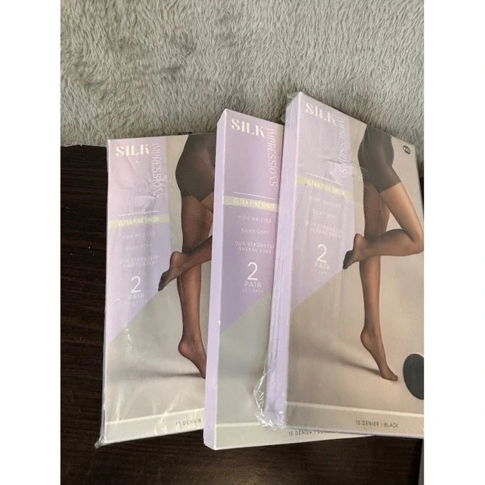 Silk Impressions 3pk 2pr Ultra Fine Sheer Pantyhose XXL Black High Waist Tights
